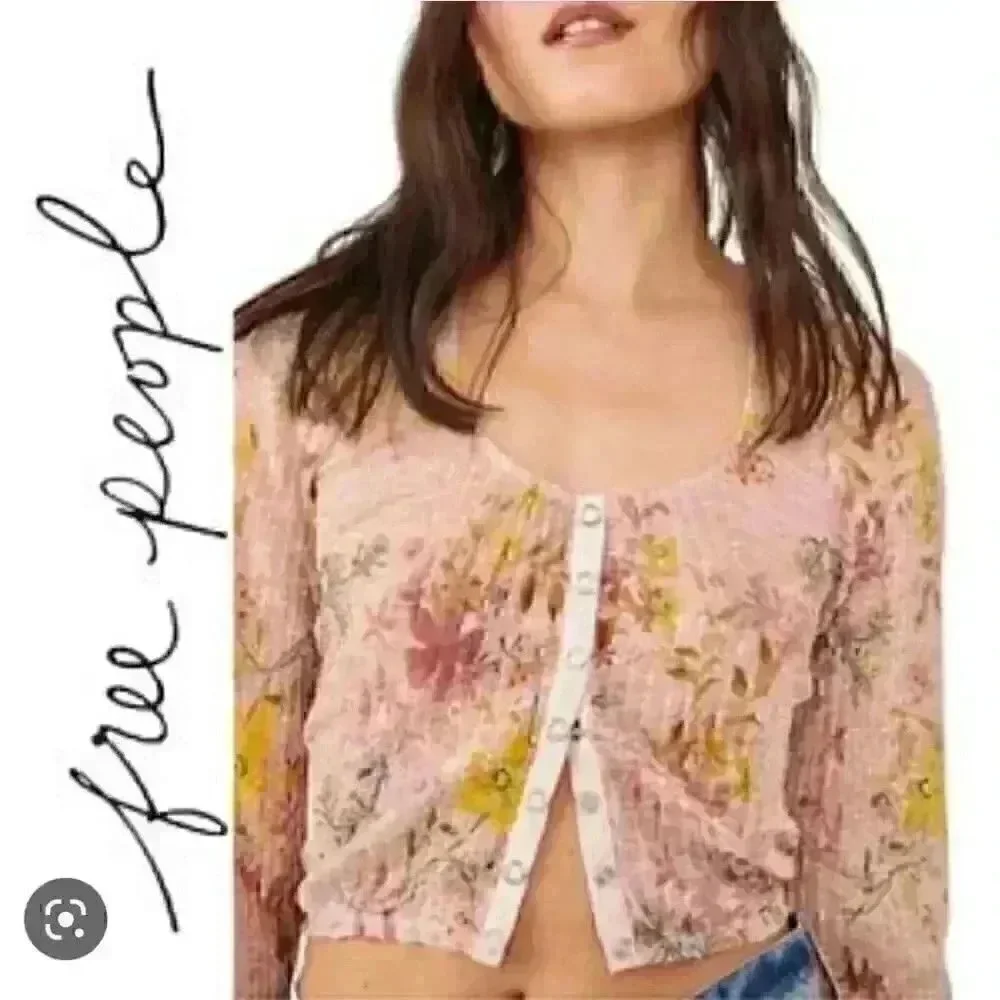 Free People Angelina Floral Sheer Long Sleeve Button Up Top Size Small